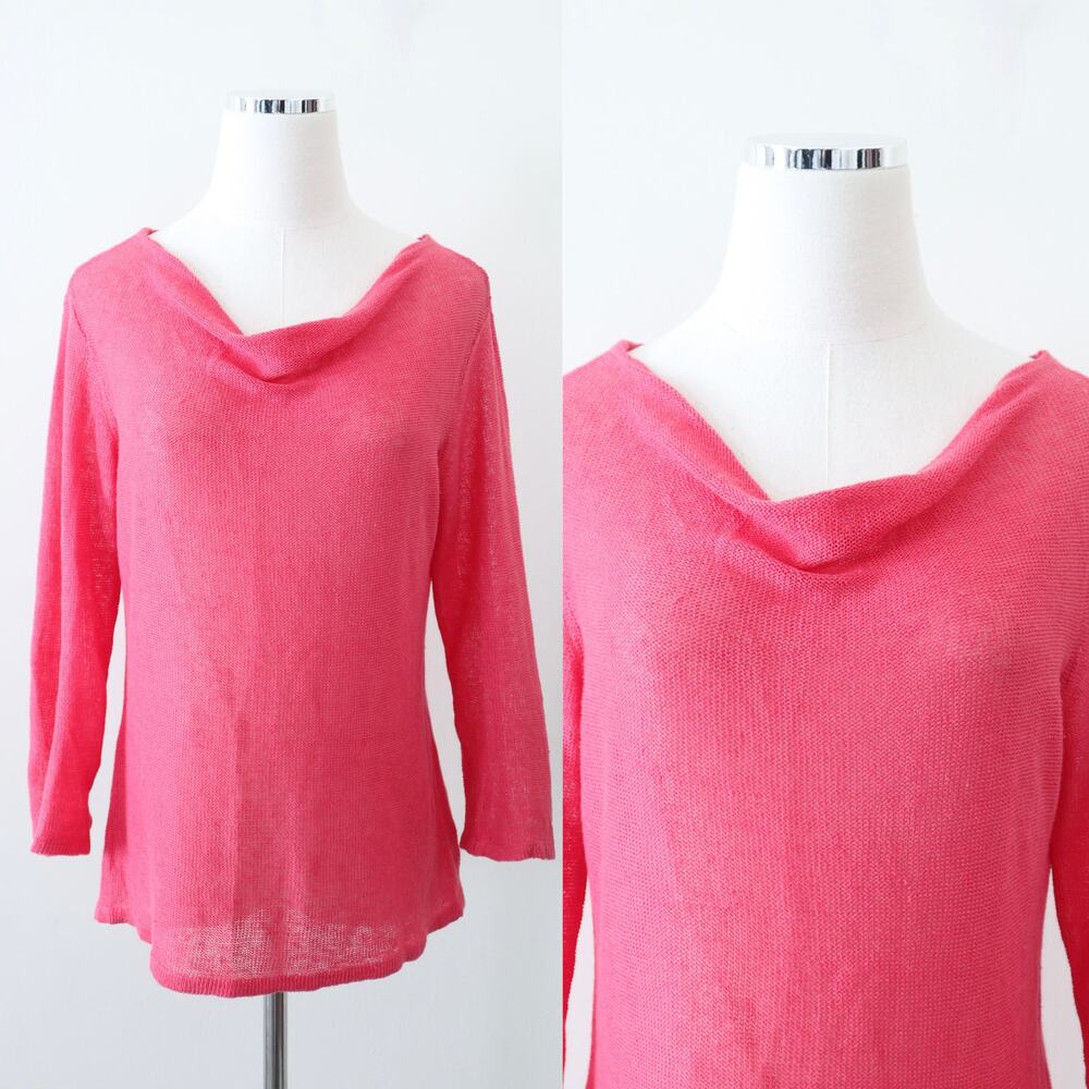 Habitat Size S 100% Linen Draped Neck Knit Blouse 3/4 Sleeve Pink